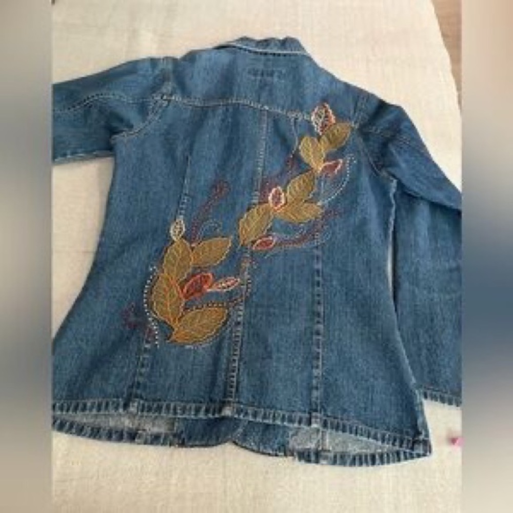 Embroidered Blue Denim Jacket - Women's Casual Coat - Picture 3 of 3